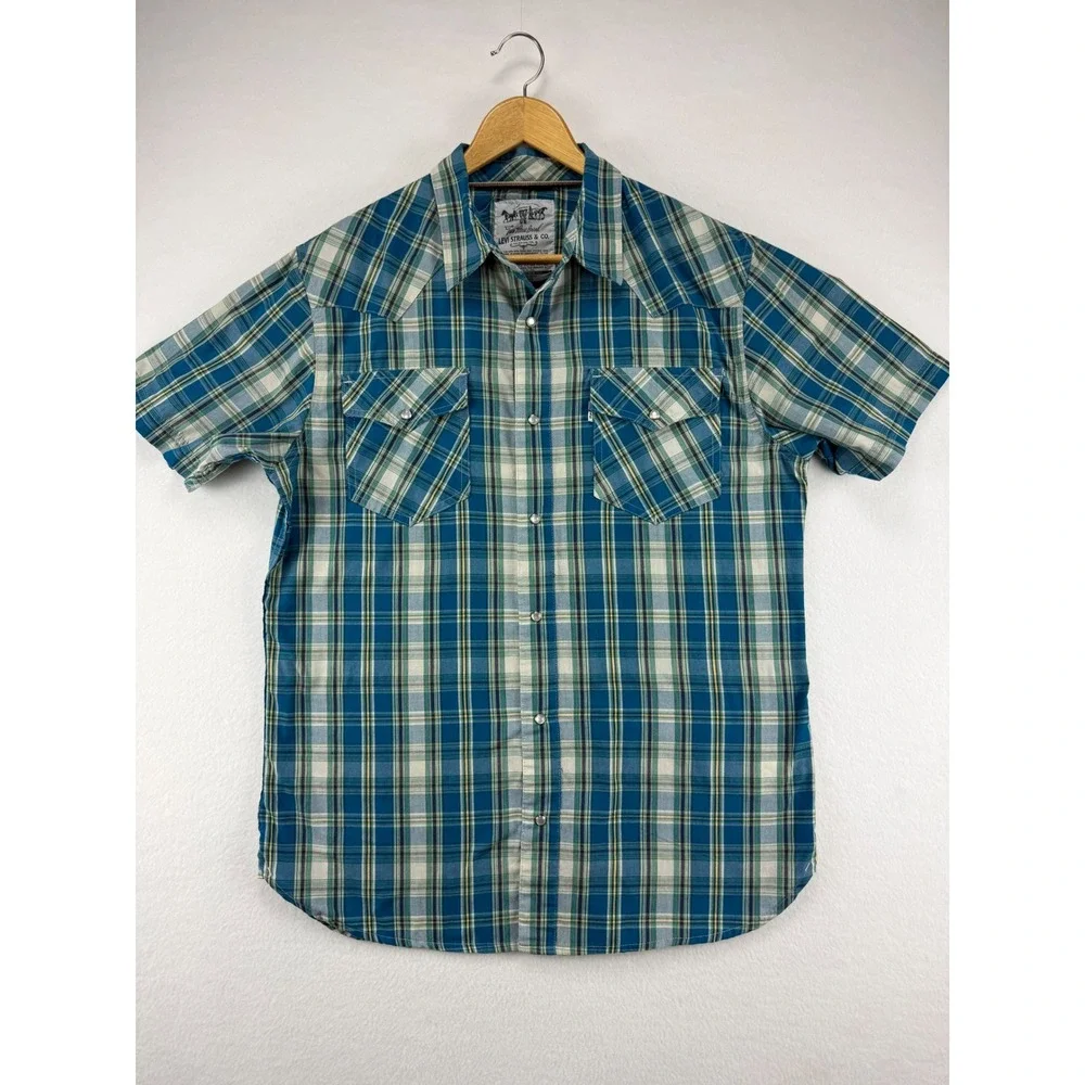 Levi's Western Shirt Mens Large Blue Green Plaid Pearl Snap‎ Short Sleeve